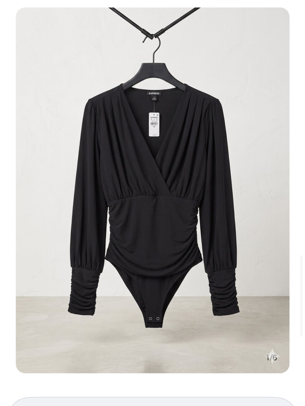 Express Black Long Sleeve Surplice Bodysuit with Ruched Cuffs Size Medium